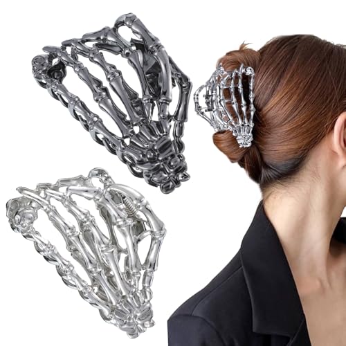 2 Goth Haarspangen Damen Coole Haarklammer Gothic Haarschmuck Halloween Design Haarklammern Metall Skelett Hand Claw Clip Rutschfeste Totenkopf Handknochen Y2k Hair Accessories Für Alle Frisuren von Josojoou