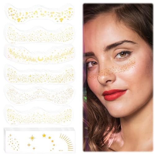 28 Blätter Glitzer Freckles Tattoo Set Face Sommersprossen Tattoos Temporäre Gesichtsbemalung Glitter Patches Glitzerpunkten Make Up Accessoires Gesichtstattoos Für Damen Frauen Halloween（Gold） von Josojoou