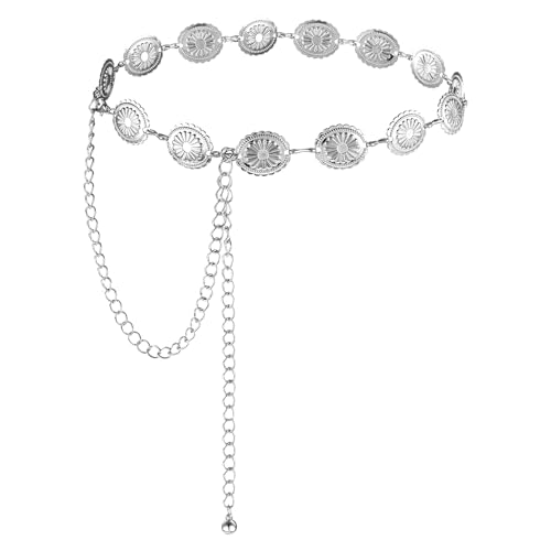 Boho Style Gürtel Damen Kettengürtel Silber Y2k Gürtel Kette Cowgirl Western Concho Taillenkettengürtel Verstellbarer Metallbund Silberner Vintage Legierungsgürtel Für Country Konzertkleider von Josojoou