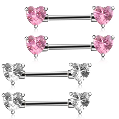 Josojoou 2 Paar Brustwarzenpiercing Set 14g Rosa Herz Nippelpiercing Schmuck Nippel Ringe Chirurgenstahl Heart Barbell Nipple Piercing Zungenpiercing Brustwarze Piercing Bars Edelstahl Für Damen von Josojoou
