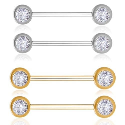 Josojoou 2 Paar Brustwarzenpiercing Set Nippelpiercings Mit Innengewinde Schmuck Nipple Piercing Zungenpiercingbrustwarze Piercing Bars Körperpiercing Schmuck Damen Frau(Gold, Silber) von Josojoou
