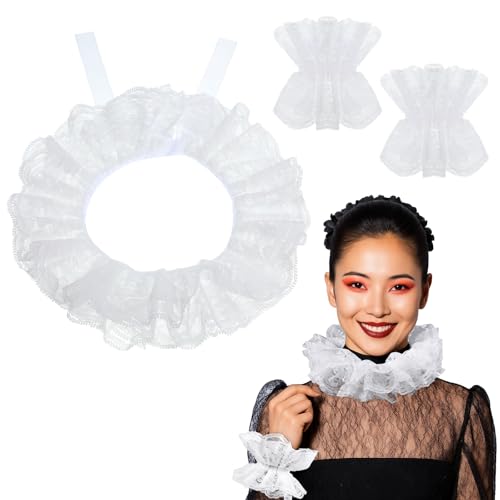 Josojoou 3er-Pack Spitze Rüschen Kragen Manschetten Set Weiß Spitzenkragen Halskrause Manschetten 1 Paar Lolita-Ärmel Und 1 Spitze Halsausschnitt Für Clown Kostüm Halloween Cosplay Party von Josojoou