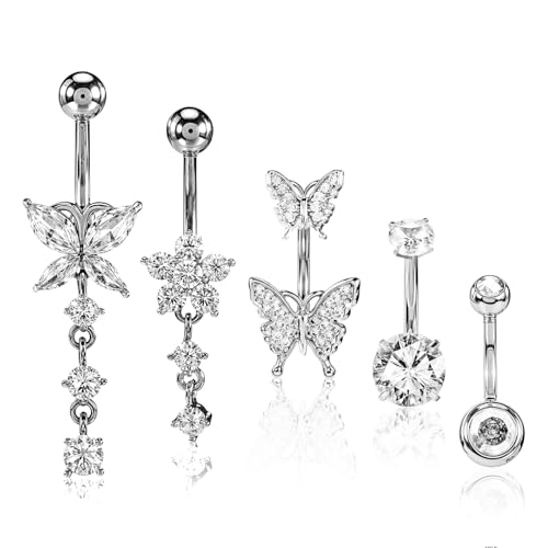 Josojoou 5 Stück Bauchnabelpiercing Chirurgenstahl Set 14g Edelstahl Lang Bauchnabelpiercings Mit Diamanten Und Schmetterling Blume Anhänger Silber Dangle Schmuck Für Damen Frauen Josojoou 5 Stück Bauchnabelpiercing Chirurgenstahl Set 14g Edelstahl Lang Bauchnabelpiercings Mit Diamanten Und Schmetterling Blume Anhänger Silber Dangle Schmuck Für Damen Frauen von Josojoou