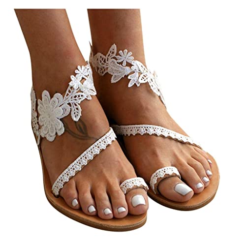 HXMISKO Sandalen Damen Weiß Zehentrenner Elegante Blumen-Perlen Pantoletten Slides Abendschuhe Flip Flops Pumps Bequem Flache Strandsandalen Flip Flops Klassischen Böhmischen Sommer Strand Schuhe von JosuE