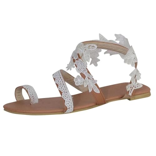 JosuE Sandalen Damen Weiß Zehentrenner Elegante Blumen-Perlen Pantoletten Slides Abendschuhe Flip Flops Pumps Flache Strandsandalen Flip Flops Klassischen Böhmischen Sommer Strand Schuhe, 37 EU von JosuE