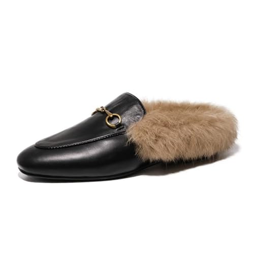 JosuE Damen Flache Slingbacks Pantoletten Mit Fell Leder Slipper Samt Mules Warm Loafers Schuhe (Color : Black, Size : 37) von JosuE