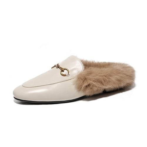 JosuE Damen Flache Slingbacks Pantoletten Mit Fell Leder Slipper Samt Mules Warm Loafers Schuhe (Color : White, Size : 40) von JosuE