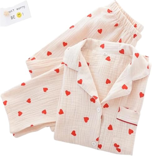 Pyjama-Set mit Herz-Print, Baumwoll-Pyjama-Set, süßes Langarm-Button-Down-Shirt mit Herz-Print und Langer Hose,Beige,L von JosuE