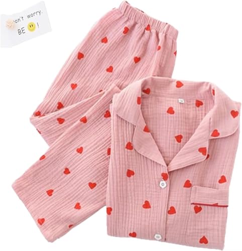 Pyjama-Set mit Herz-Print, Baumwoll-Pyjama-Set, süßes Langarm-Button-Down-Shirt mit Herz-Print und Langer Hose,Rosa,XL von JosuE