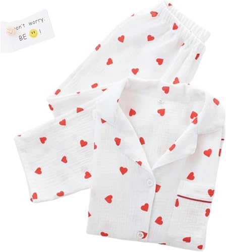 Pyjama-Set mit Herz-Print, Baumwoll-Pyjama-Set, süßes Langarm-Button-Down-Shirt mit Herz-Print und Langer Hose,Weiß,L von JosuE
