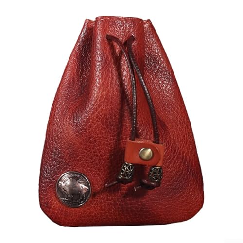 Leder Mini Vintage Geldbörse Kordelzug Münzbörse für Karten und Schlüssel, kompakte Aufbewahrung für den täglichen Gebrauch, rot von Jotekonoby