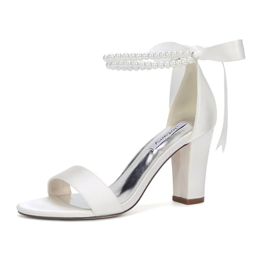 Jotwry High Block Heel Wedding Sandals Open Toe Wedding Shoes for Bride Pearl Bridal Heels, Elfenbeinfarbenes Satin, 39 EU von Jotwry