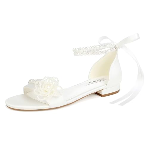 Jotwry Pearl Wedding Flats for Bride Open Toe Bridal Shoes Flat Wedding Sandals, Weiss/opulenter Garten, 39.5 EU von Jotwry