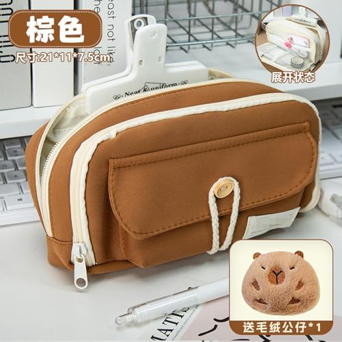 Joucien Einfaches und personalisiertes Federmäppchen für männliche und weibliche Studenten, koreanische Schreibwaren-Aufbewahrungstasche – Kaffeefarbe + Puppe von Joucien