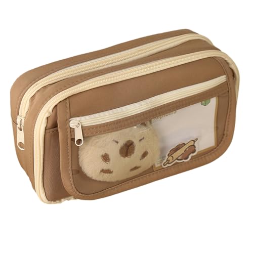 Joucien Niedliches Cartoon-Federmäppchen für Grundschule und Bleistiftaufbewahrung – Kaffeefarbe + PP-Clip + Schlüsselanhänger von Joucien