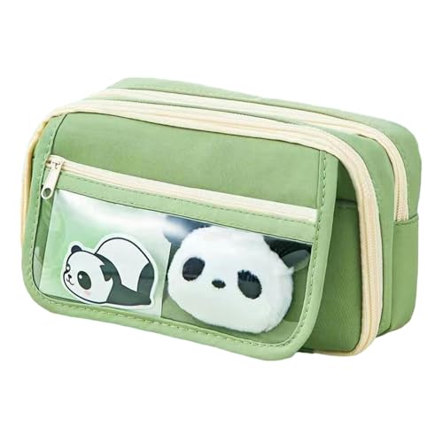 Joucien Niedliches Federmäppchen mit Panda-Muster, Cartoon-Motiv, für Studenten, einfaches Schreibwaren, Federmäppchen für Grundschüler – neun Schichten Flip-Cover grün + 5 Aufkleber von Joucien