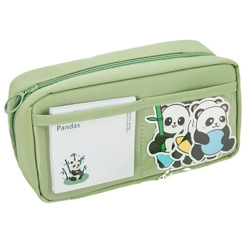 Niedliches Cartoon-Panda-Federmäppchen für Jugendliche und Grundschüler, Federmäppchen Aufbewahrungstasche – Doppelgitter Vulkangrün + 10 Panda-Aufkleber + 2 Broschen von Joucien