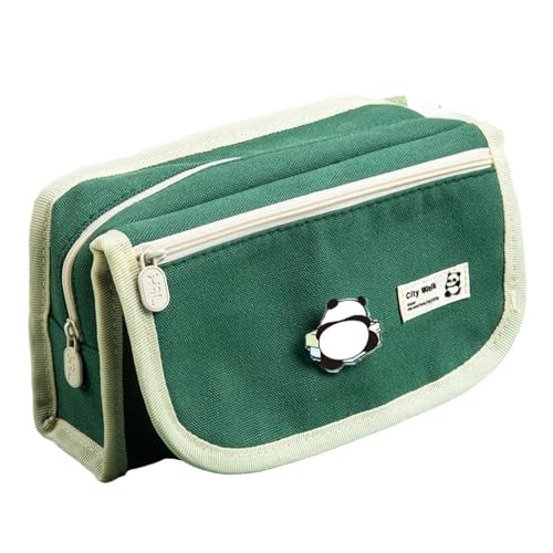 Panda Muster Mehrschichtiges Federmäppchen Kreativ Multifunktional Leinwand Doppelschicht Federmäppchen, dunkelgrün, Einheitsgröße von Joucien