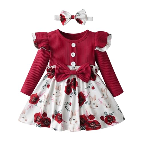 Joureker Baby Mädchen Kleid Ruffle Langarm Floral gedruckt Baby Mädchen Sundress Outfits, Rot, 18-24 Monate von Joureker