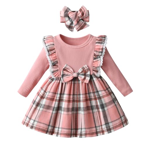 Joureker Baby Mädchen Kleider Langarm Tutu Kleider Rippe Stricken Patchwork Plaid Bogen Prinzessin Kleid für kleine Mädchen Kleid, Rosa, 18-24 Monate von Joureker