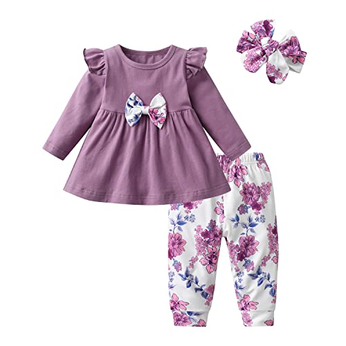 Joureker Baby Mädchen Kleidung Langarm Ruffle Tops und Floral gedruckt Hosen Kleinkind Baby Mädchen Outfits Sets, Lila, 18-24 Monate von Joureker