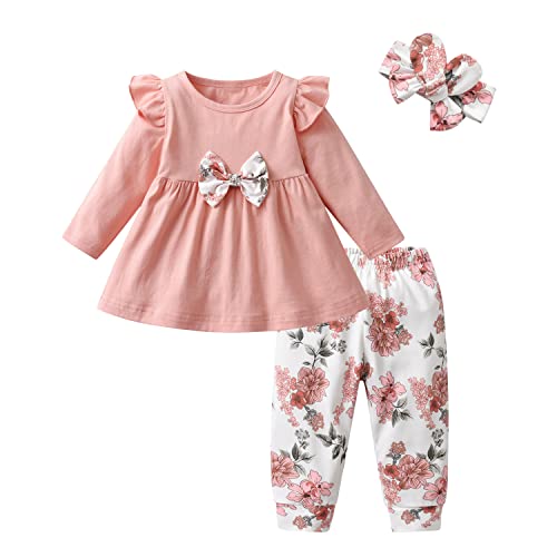 Joureker Baby Mädchen Kleidung Langarm Ruffle Tops und Floral gedruckt Hosen Kleinkind Baby Mädchen Outfits Sets, Rosa, 3-6 Monate von Joureker