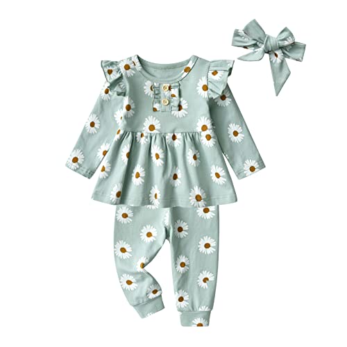 Joureker Baby Mädchen Kleidung Outfits lange Ärmel Rüsche Tops mit Print Blume + Hosen 3Pcs Set, Grün, 18-24 Monate von Joureker