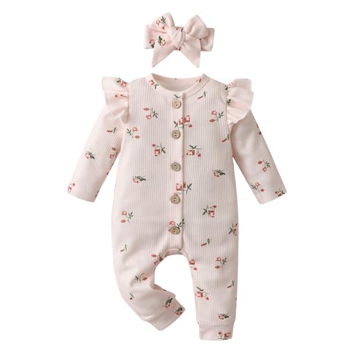 Joureker Neugeborenes Baby Mädchen Kleidung Langarm Bodysuit Ruffle Strampler Bodysuit Floral Print Onesie Outfit Set, Beige, 3-6 Monate von Joureker