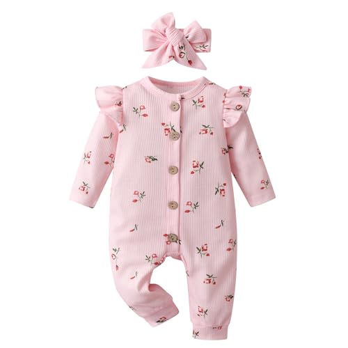 Joureker Neugeborenes Baby Mädchen Kleidung Langarm Bodysuit Ruffle Strampler Bodysuit Floral Print Onesie Outfit Set, Rosa, 0-3 Monate von Joureker