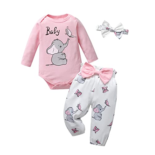 Joureker Neugeborenes Baby Mädchen Kleidung Sets lange Ärmel Elefant Tiermuster gedruckt Strampler + Hosen 3Pcs Outfits, Rosa, 0 Monate von Joureker