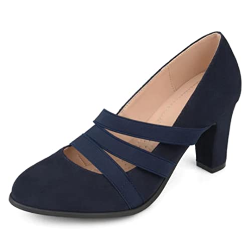 Journee Collection Comfort Sole Triple Elastic Strap Chunky Heels, Marineblau, 43 EU von Journee Collection