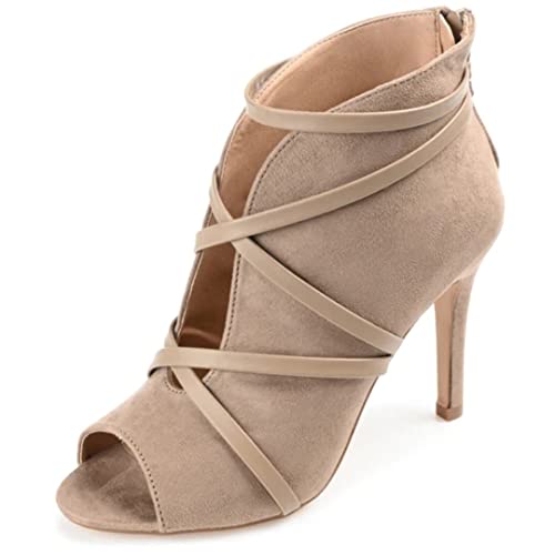 Journee Collection Samara Damen-Stiefel, hoher Stiletto-Absatz, Wildleder, Riemen, Peep-Toe, Reißverschluss, Ausschnitt, gepolstert, Freizeitstiefel, modisch, knöchelhoch, Kleid, Taupe, 44 EU von Journee Collection