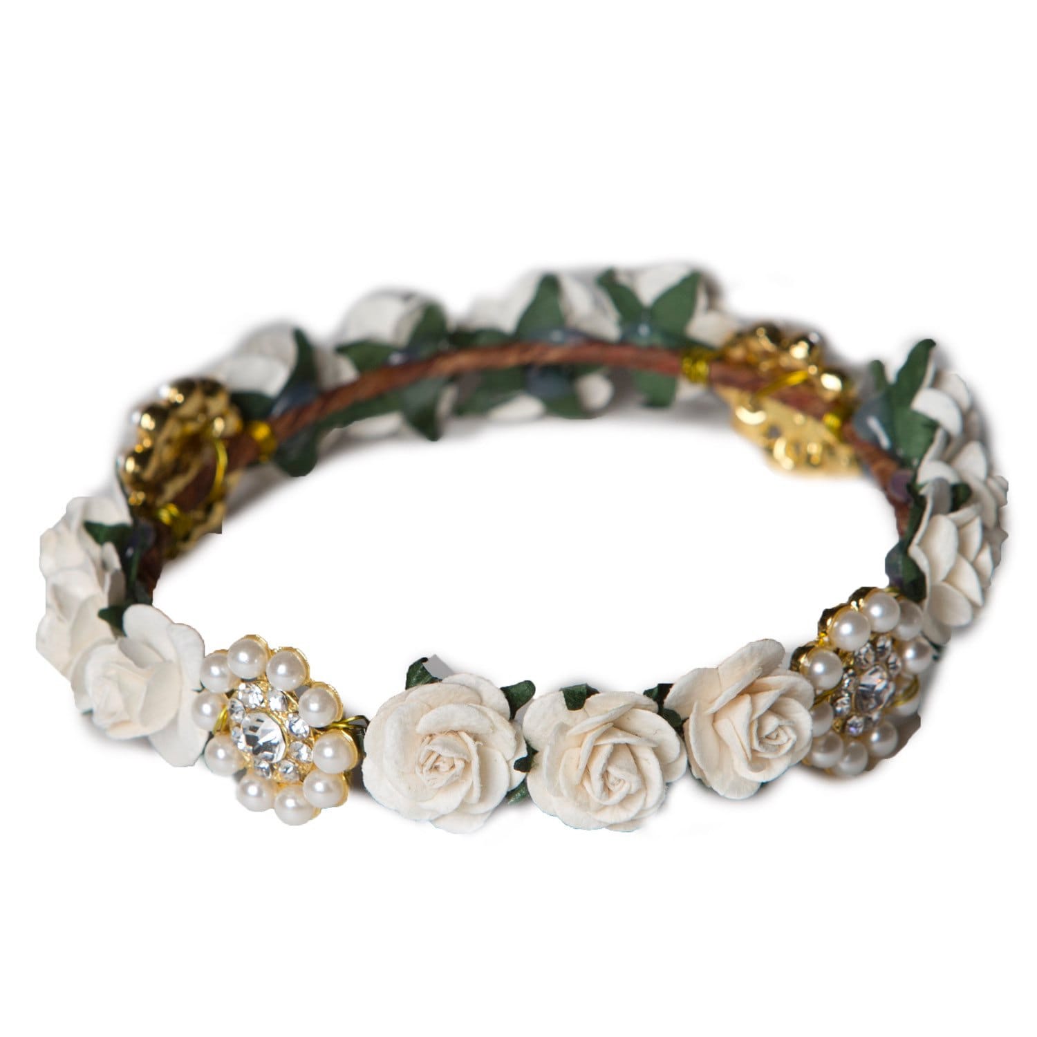 Blumenkrone-Halo-Kranz-Stirnband Mit Vergoldeten Oder Versilberten Perlen - Und Strassbroschen von JovanJane
