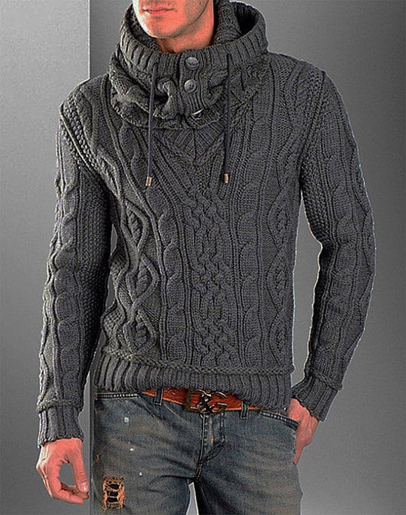 Pullover V-Ausschnitt Männer Rollkragenpullover Hand Gestrickt Strickjacke Herren Kleidung Handgestrickt Stricken Aran Zopfmuster Kullerkragen von Jovitta