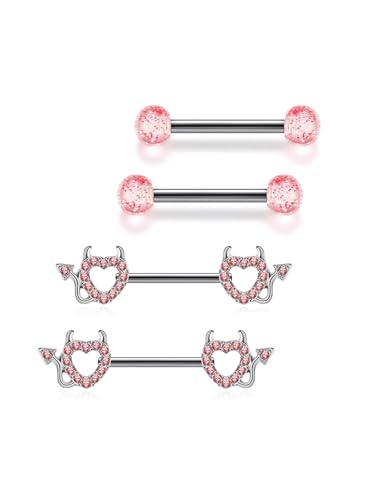 Jovivi 2 Paar 14G Brustwarzenpiercing Chirurgenstahl Nippelpiercing für Damen Brustwarzenpiercing Bar Set Herz Teufel Barbell Piercing Körperschmuck 14mm Stablänge Piercing Schmuck (Rosa) von Jovivi