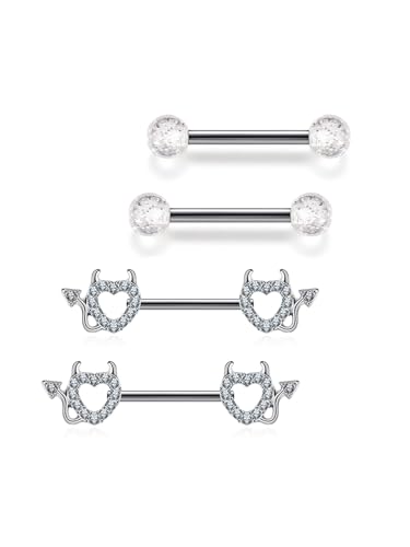 Jovivi 2 Paar 14G Brustwarzenpiercing Chirurgenstahl Nippelpiercing für Damen Brustwarzenpiercing Bar Set Herz Teufel Barbell Piercing Körperschmuck 14mm Stablänge Piercing Schmuck (Silber) von Jovivi