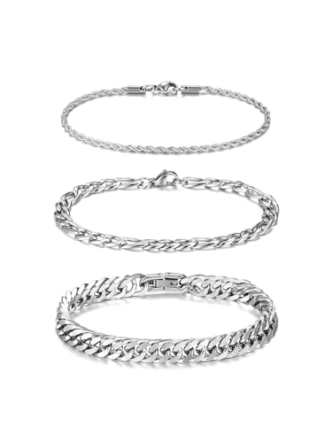 Jovivi 3 Stück Armbänder Herren Edelstahl Panzerarmband Gliederarmband Männer Kubanisches Armband Silber Mode Schmuck von Jovivi
