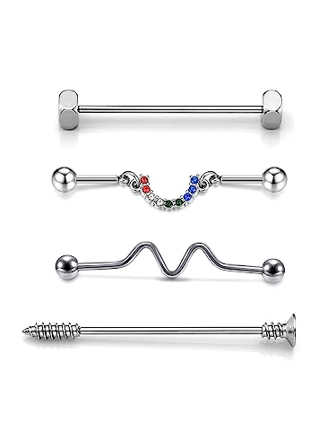 Jovivi 4 Stück Industrial Piercing Chirurgenstahl 14G Helix Stab 38mm Barbell Set Silber Ohrschmuck Damen Männer von Jovivi