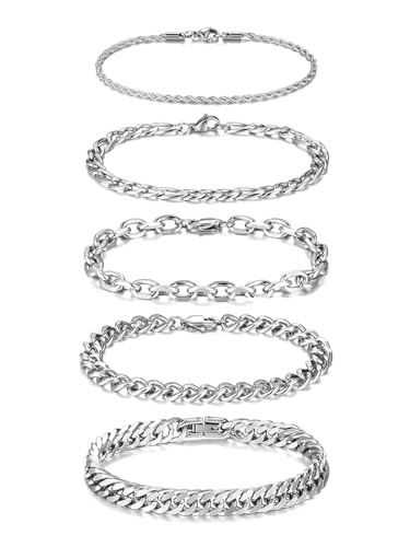 Jovivi 5 Stück Armbänder Herren Edelstahl Panzerarmband Gliederarmband Männer Kubanisches Armband Silber Mode Schmuck von Jovivi