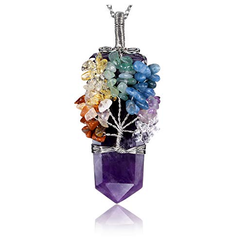 Jovivi 7 Chakra Heilstein Kette Baum des Lebens Wire Wrap Edelstein Anhänger Kristall Halskette Glückskette Schmuck Damen von Jovivi