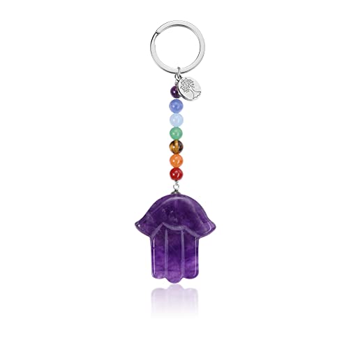 Jovivi Hamsa Fatima Hand Schlüsselanhänger Edelstein Chakra Schlüsselring Taschenanhänger Glücksbringer Amulett Keychain von Jovivi