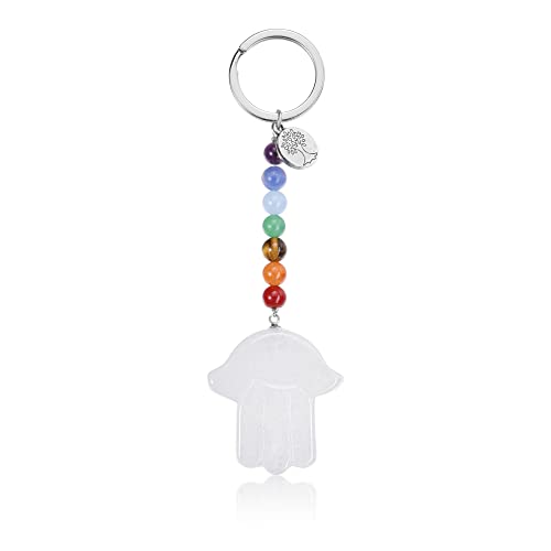 Jovivi Hamsa Fatima Hand Schlüsselanhänger Edelstein Chakra Schlüsselring Taschenanhänger Glücksbringer Amulett Keychain von Jovivi