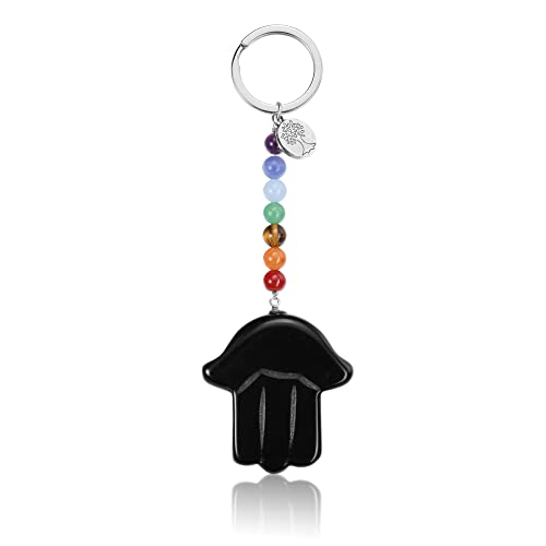 Jovivi Hamsa Fatima Hand Schlüsselanhänger Edelstein Chakra Schlüsselring Taschenanhänger Glücksbringer Amulett Keychain von Jovivi