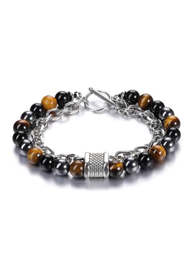 Jovivi Herren Armband Edelstein Doppel Wickelarmband 8mm Tigerauge Obsidian Hämatit Achat Steine Armband Edelstahl Armbänder Heilsteine Armbänder Reiki Glückbringen Herren Geschenke für Männer von Jovivi