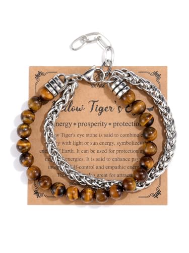 Jovivi Herren Armband Tigerauge Doppel Wickelarmband Edelstahl Panzerkette Tigerauge Armband Doppellagiges Armbänder Heilsteine Armbänder Reiki Glückbringen Herren Geschenke für Männer von Jovivi