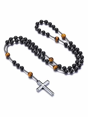 Jovivi Katholische Rosenkranz Kette Tigerauge Obsidian Halskette mit Hämatit Kreuz Gebetskette Edelstein Schmuck Damen Herren von Jovivi