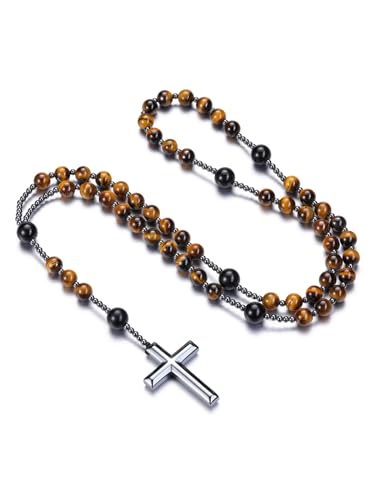 Jovivi Katholische Rosenkranz Kette Tigerauge Obsidian Halskette mit Hämatit Kreuz Gebetskette Edelstein Schmuck Damen Herren von Jovivi