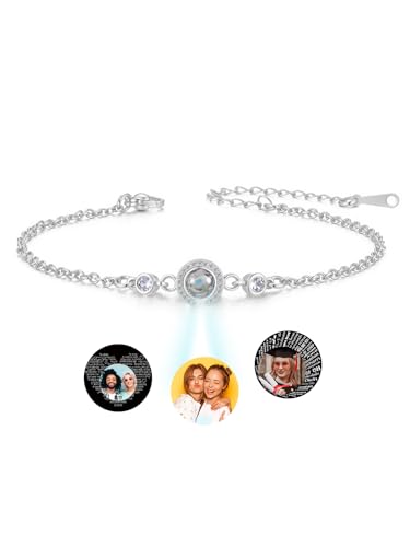 Jovivi Personalisierte Armband Foto Armbänder Zirkon Projektion Armband mit Foto Bild Fotoarmband Partner Paar Armkette Personalisierte Geschenke für Frauen Freundin Geburtstag Valentinstag (Silber) von Jovivi