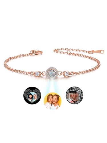 Jovivi Personalisierte Armband Foto Armbänder Zirkon Projektion Armband mit Foto Bild Fotoarmband Partner Paar Armkette Personalisierte Geschenke für Frauen Freundin Geburtstag Valentinstag (Rotgold) von Jovivi