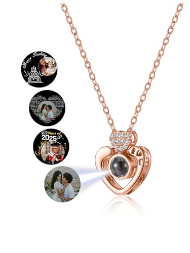 Jovivi Personalisierte Halskette Bild Projektion Kette mit Foto Herz Anhänger Silber Rose Gold 100 Sprachen Projektion Anhänger Schmuck Geschenk für Mutter und Tochter Oma Frau Feste (Rotgold) von Jovivi